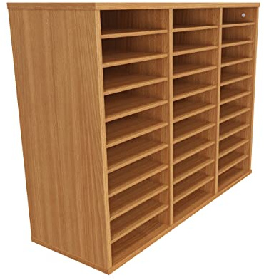 Eigentlich Fächerschrank 30 Fächer aus Holz 99x35x77cm, Buche | Postregal Briefablageregal für Dokumente, 3 Reihen mit je 10 Fächern im A4 Querformat, Böden einzeln verstellbar