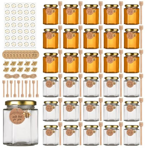 Mcupper 6 oz Honey Jars with Dipper, 30 Pack Hexagon Honey Jar for Baby Shower, Empty Glass Jars for Wedding Favors and Party Favors