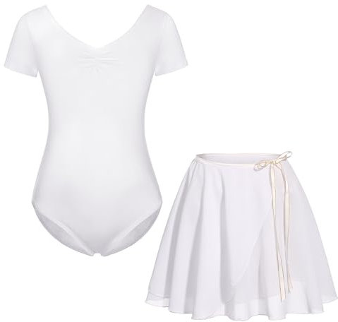 FONLAM Ballettkleid Ballettkleidung Turnanzug Mädchen Kurzarm Tanzkleid Balletttrikot Ballettrock Ballettanzug Kinder (8-9 Jahre, Weiß)