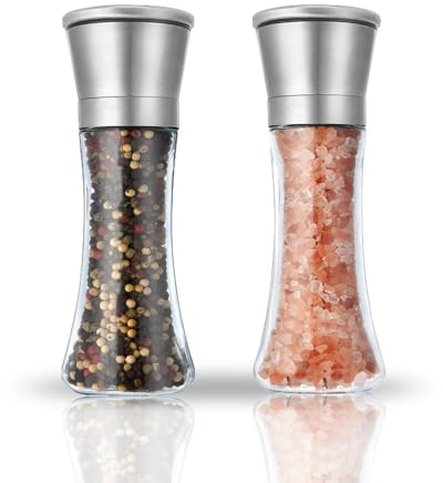 2 Pcs Salt and Pepper Grinder Set - Food Grade Stainless Steel Glass Bottle Shakers Adjustable Thickness and Size of Salt and Pepper for Condiment and BBQ[Without Spice Content] (Tall)