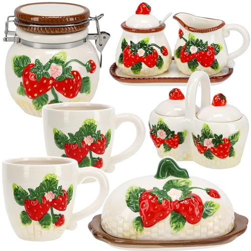 alles-meine.de GmbH XL Frühstücksset Erdbeere - 3D Effekt - groß Porzellan Keramik Tasse - Trinktasse Butterdose Zuckerdose Marmeladenglas Honigtopf Vorratsdose mit Henkel - Bech..