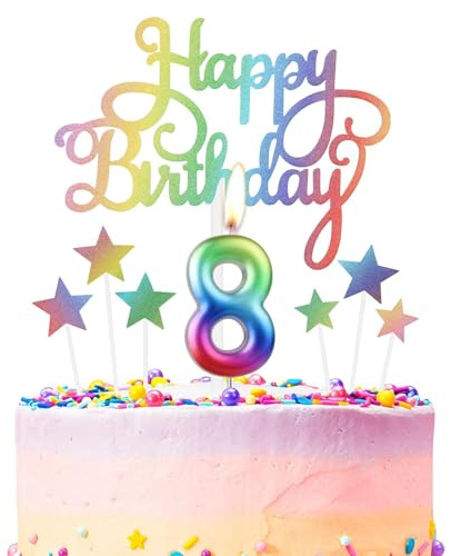 Geburtstagskerze mit der Zahl 8 in Regenbogenfarben, Kuchendekoration, Happy 8th Birthday