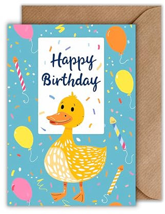 WBdesignz Geburtstag Karte mit Umschlag - Süße Kinder Geburtstagskarte Ente “Happy Birthday Ente Blau für Jungen Mädchen (DIN A6)