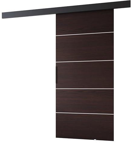 MINIO go for it - Schiebetüren 86 cm, Schiebetür Zimmertür PRIM B, Schiebetürsystem für Zimmer, Dekorative Streifen, Wandmontage, Türe Innen - Silber/Schwarzer Griff, Wenge/Schwarz