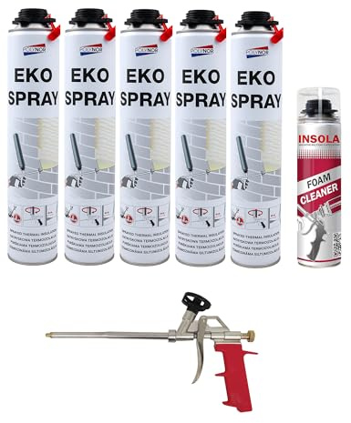 Mousse Expansive Polyuréthane Projetable Eko Spray- 750 ml + Nettoyant + Pistolet - Isolation Thermique et Phonique Performante pour Tous Supports (Lot 5 + 1 + 1)