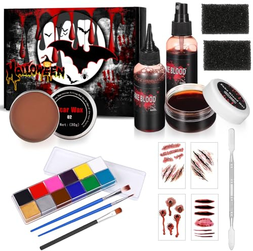 Ligtmor Halloween Schminke Set, Halloween Make up Set mit Kunstblut Auswaschbar/Scar Wax/12 Farbige Bodypainting Farben/Halloween Wunden zum Aufkleben, für Vampir Schminke Wunden Schminken
