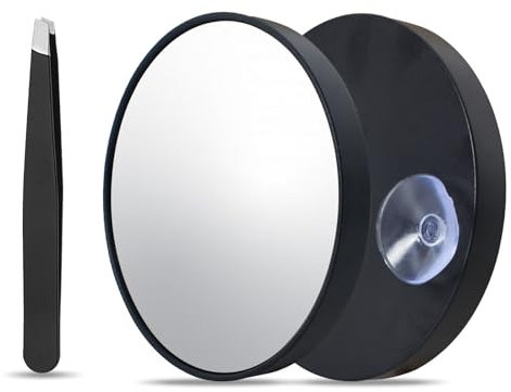 Cleminsta Specchietto ingranditore 30x con Ventosa e Pinzette, Mini Specchio Ingranditore da Viaggio, Bastone su Specchio Doccia per trucco per camera da letto, bagno e viaggi, 3,5 Pollici (Nero)