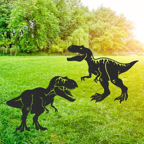 Rngmsi Dinosaur Metal Garden Art - 2PCS Metal Dinosaur Yard Art Decorations Outside Dinosaur Garden Stakes Decorative Dinos Garden Decor Outdoor for Patio Lawn Statues Gifts for Men Women Friends