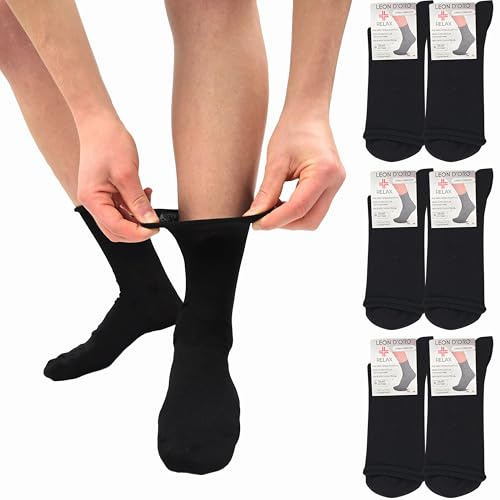LEON D'ORO Calze Uomo Senza Elastico per Diabetici 6 paia Calze Uomo Sanitarie Caldo Cotone Made in Italy (IT, Numero, 40, 45, Regular, Regular, 6 Paia NERO)