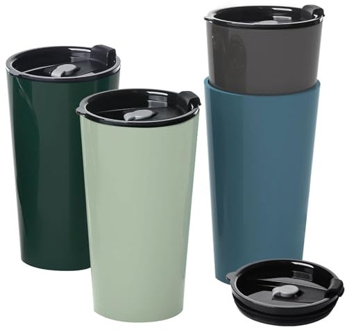 Greentainer Travel Mugs with Lids, Plastic Large Unbreakable Coffee Cups, 600ml Reusable to Go Camping Coffee Tumbler for Cold Water, Beer, Milk, Dishwasher & Microwave Safe, Set of 4
