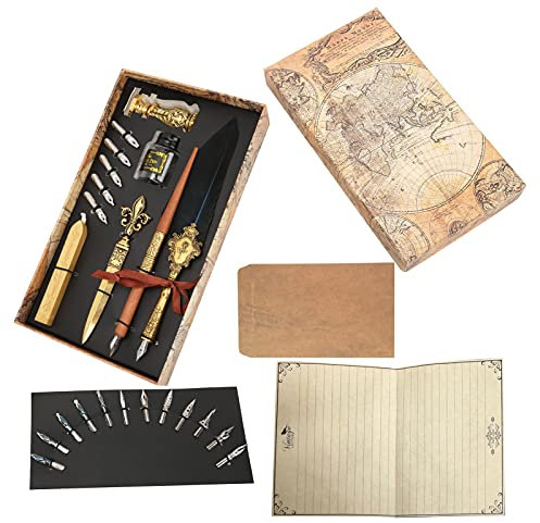 Yomiyuyr Federkiel-Set – elegantes Kalligraphie-Stift-Set mit Tauchstift, Brieföffner, Wachsstempel und Federn zum Schreiben und Handschreiben (SP248033R Marine)