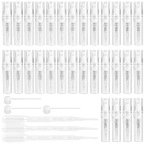 JIANGZHIB 60 Stück Mini Parfümzerstäuber, 2ml Parfümzerstäuber Nachfüllbar, Leer Parfum Zerstäuber für Unterwegs, Transparent Mini Sprühflasche mit Pipetten und Presskopf für Parfüm, Toner, Lotion