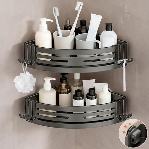 Conworld Corner Shower Caddy Suction Cups, Corner Shower Shelf for Inside Shower, Organizer Suction for Bathrooms Storage, No-Drilling Removable (Aluminum, 2-Pack, Gunmetal Gray)