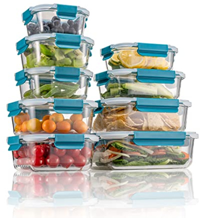 GENICOOK Glass Food Storage Containers 18 Pieces with Upgraded Snap Locking, Meal Prep Containers Set - Airtight Lunch Containers, Microwave, Oven,zer and Dishwasher，Turquoise