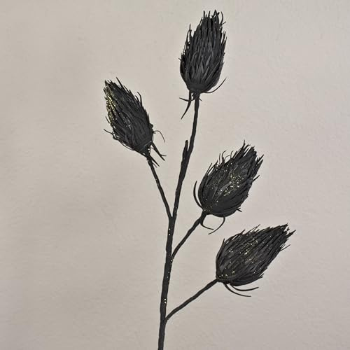 artplants.de Kunstblumen Zweig Edeldistel Misael, schwarz, 120cm | mit Glitzer - Kunststoff Zweig