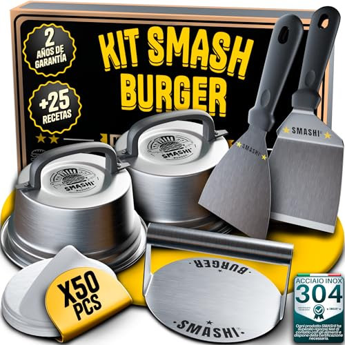 SMASHI® Smash Burger Kit Piezas Profesional Acero Inoxidable 304 Certificado EU Contacto Alimentos | Prensa Hamburguesas Smasher Tratamiento Antiadherente | El Auténtico Kit Smash Burger (PROFESIONAL)