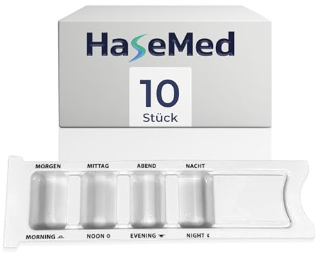 HaseMed Medikamentendispenser - 10 Stück, 4 Fächer für 1 Tag | Tablettenbox mit Blindenschrift, Schiebedeckel & Beschriftungsfeld – Praktische Aufbewahrung von Medikamenten in Deutsch & Englisch