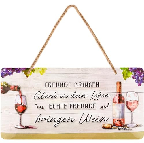 LANOLU Retro Blechschild ECHTE FREUNDE BRINGEN WEIN, vintage Metallschilder mit Sprüchen, Shabby Chic Deko Küche und Garten, lustige Schilder aus Metall 16x32cm