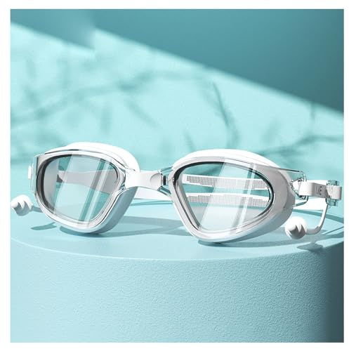 Schwimmbrille Herren Damen, UV-Schutz & Antibeschlag Schwimmbrille mit 2 Ohrstopfen, Taucherbrille Erwachsene mit Schutzhülle, Verstellbarer Silikon Riemen Swimming Goggles für Jugendliche (Weiß 1)