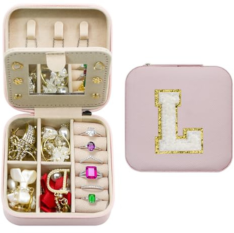 MrMrKura Reise-Schmuckschatulle, kleines Schmuckkästchen, Organizer mit Spiegel, tragbar, PU-Leder, Aufbewahrungsbox für Ringe, Ohrringe, Halsketten, Geschenke für Frauen (Rosa, L)