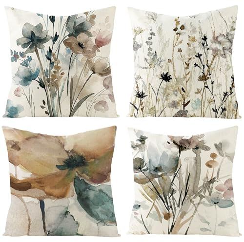 VEEKAY Blumen Kissenbezug 45x45 4er Set,Blumen Blätter Frühling Kissenbezüge,Dekokissen Kissenhülle,Florales Aquarellgemälde Kissenhüllen,für Sofa Schlafzimmer