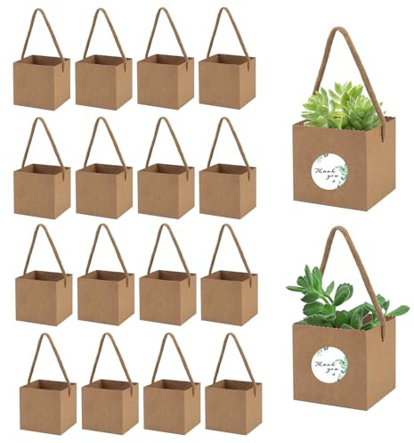 40 Stück Sukkulenten Verpackungen Sukkulenten Geschenktüten mit Griffen | Kraftpapier Geschenktüte mit 48 Aufkleber,für Hochzeit, Babyparty, Geschenkideen,6,35 x 6,35 x 6,35cm (Braun)