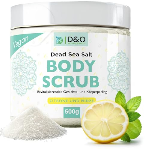 D&O Nature Products Body Scrub, 500g Körperpeeling mit Totem Meer Salz | Pflegeölen, Peeling Gesicht & Körper, exfoliate vegan Dead Sea Salt Salzpeeling Sauna, Fußpeeling Damen (Zitrone & Minze)