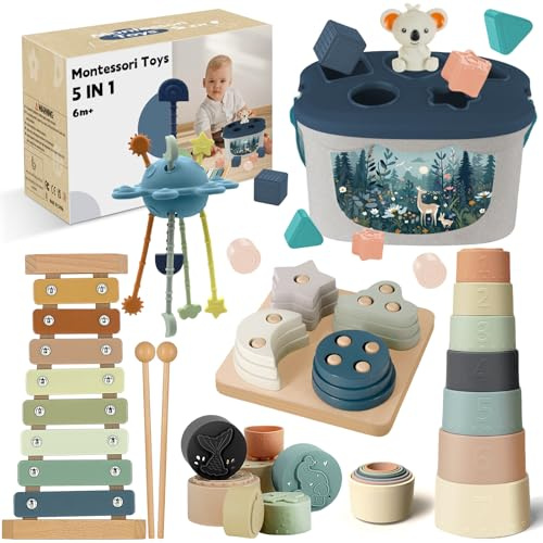 Leksaker för barn från 6 månader, 5-i-1 Montessori-leksaker, sensoriska leksaker för spädbarn med dragrep, formsorterings- och staplingsleksaker, xylofon, present till spädbarn 6 månader – 3 år