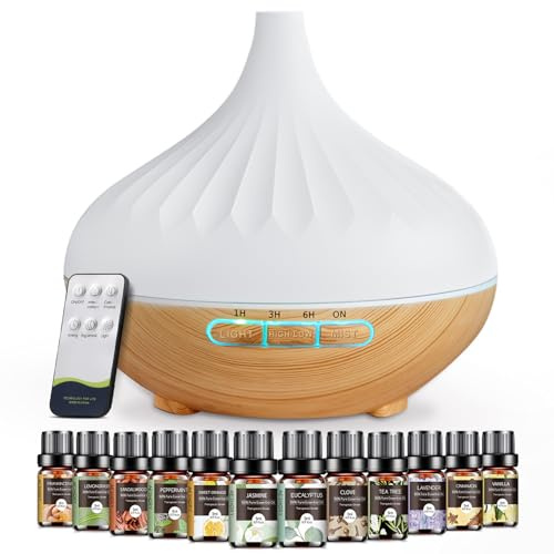 AESHORY 500ml Aroma Diffuser Mit 12 x 5ml Ätherische Öle, Ultraschall Aromatherapie Diffuser Luftbefeuchter, 7 Farbigem LED Licht, 4 Timer, Fernbedienung