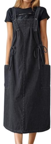 Salopette da donna in denim con bretelle, gonna lunga, stile vintage, con cinghie e tasca, senza maniche, design maxi, con cinturino regolabile per un uso versatile, Grigio, XXL