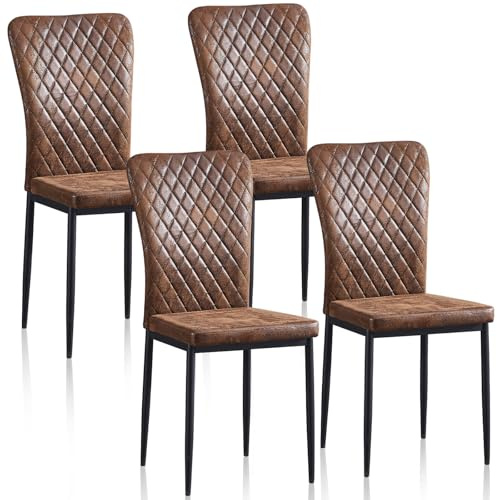 JaHECOME 4er Set Esszimmerstühle mit Wildlederimitat-Bezug, hoher Rückenlehne, Gitter Leichtbau Design, Essstuhl mit Metallbeine, für Esszimmer Küche Wohnzimmer (4, PU braun)