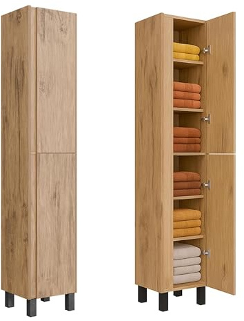 paplinskmoebel - Badschrank Schmal 32 x 33 x 170 cm (BxTxH), Badezimmerschrank Schmal Ariza Tall, Bad Schrank Stehend oder Hängend, Soft-Close Badmöbel Holz/Eiche Lancelot
