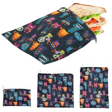 Bolsa reutilizable para sándwich, 3 bolsas de tela ecológicas, bolsa lavable con cremallera, bolsa de almuerzo reutilizable con cremallera para niños, escuela, almacenamiento de comidas para