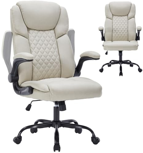 TUORUI Chefsessel mit Schaukelfunktion, Höhenverstellbarer Schreibtischsessel, Bürostuhl Ergonomisch mit Kopfstütze und klappbaren Armlehnen, 360° Drehstuhl, Beige