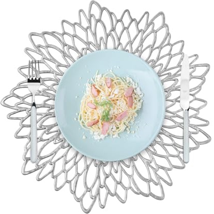 Privalace Tovagliette Scavate per Fiori Rotonda,Set di 6 Tovaglietta Lavabili in PVC Resistente al Calore Non-scivolose,per Cucina Natale e Feste Decor(Argento)
