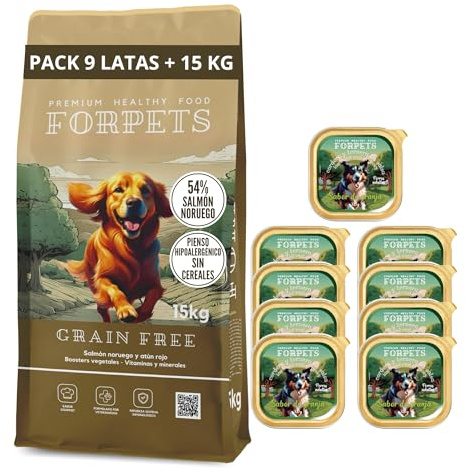 FORPETS Pack Pienso Grain Free Salmón y Atún 15kg + 9 Latas Cordero y Ternera en Salsa, Comida Natural sin Cereales para Perros, Alta en Proteínas y Omega 3, Digestión Suave, Hipoalergénico