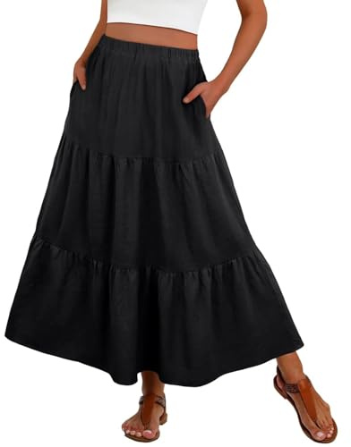 PrinStory Summer Maxi Skirts for Women UK Elasticated Waist Boho Flowy Tiered Ladies Long Beach Skirt with Pocket UK 18-20 (Black, XL)