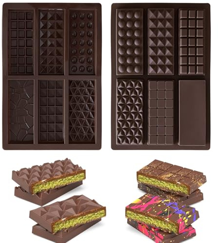 FeiatPogra Chocolate Moulds 2PCS Silicone, Reusable Chocolate Bar Moulds, Non-Stick Candy & Wax Melt Molds for Baking, 6-Cavity Deep Mold for DIY Chocolate Making, 6 Patterns