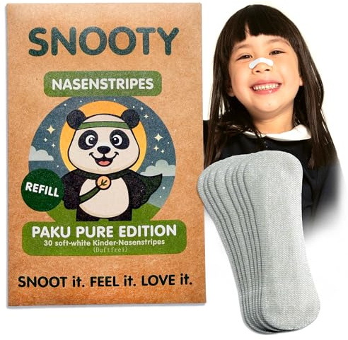 SNOOTY Kinder Nasenstripes PAKU (Panda) – Sanfte Nasenpflaster für Kinder ab 4 Jahren, ohne Duft, bio-zertifiziert & atemaktiv, Refill-Pack (30 Strips)