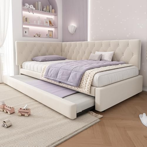 Ojjxh Upholstered Bed Daybed with Pull-Out bed, 90x190 cm Single Sofa Bed with Padded Backrest, Modern 3ft Ottoman Trundle Bed with Slatted Frames for Living Room, Bedroom, Velvet, No Mattress (Beige)
