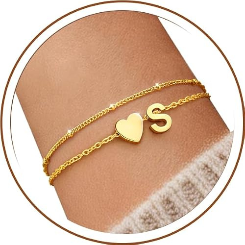 J.Fée Armband Damen Gold, Personalisiertes Armband Mit Buchstaben, Herz Layering Armbänder Damen, Elegantes Geschenke Für Frauen, Buchstabe S Gold