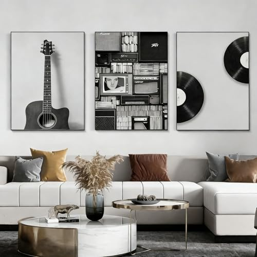 Xiyocadt 3er Musik Vinyl Schallplatte Schwarz-Weiß Gitarre Abstrakte Bilder Leinwand Malerei Poster Set, Moderne Wandbilder Wohnzimmer Schlafzimmer Deko Poster Kunstdrucke,Ohne Rahmen (40 * 50cm)