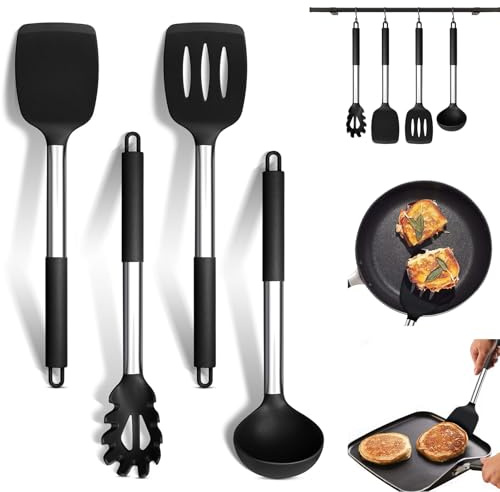 HSYTEK 4 Stück Küchenhelfer Set, Silikon Küchenutensilien Kochlöffel Set mit Edelstahlgriff, Antihaft Hitzebeständiger Kochutensilien für Kochen, Drehen, Servieren Spaghetti, Suppe, Sauce (Schwarz)