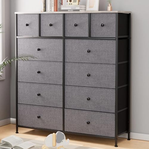 Clevich Kommode, 12 Stoffschubladen, Minimalistischer Schrank, Aufbewahrungsschrank, Stahl, MDF, Vliesstoff, für Schlafzimmer, Flur, Wohnzimmer (Grau)