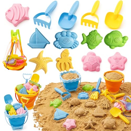 Beach Sand Toys Set for Toddlers, Portable Travel Beach Toys with Collapsible Bucket, Shovel, Rake, Molds & Mesh Storage Bag for Kids, Summer Gift (Sunset Orange + Ocean Blue)