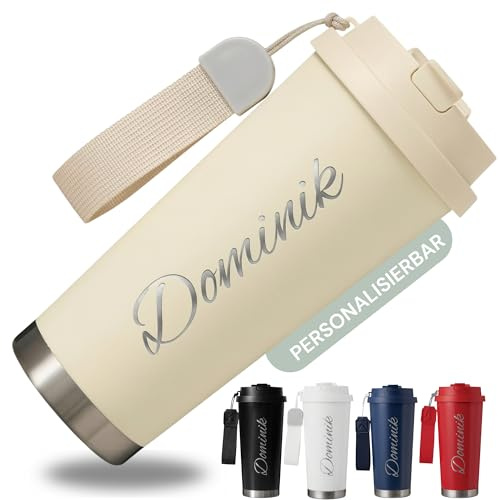 SMARTEON Thermobecher to go personalisiert mit Namen – Edelstahl Trinkbecher mit Gravur 500ml – Thermosflasche personalisiert – Personalisierter Kaffeebecher mit Strohhalm und Deckel (Beige)