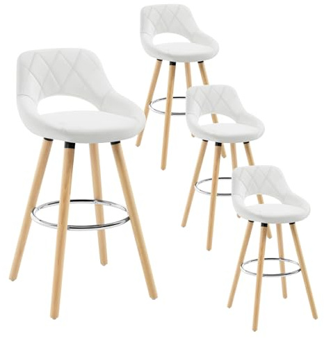 WOLTU Barhocker 4er Set, Barstuhl Küchenhocker Thekenhocker, Hocker mit Rückenlehne Fußstütze, aus Holz Kunstleder, für Bar Küche Theke Restaurant Café, Weiß, BH111ws-4