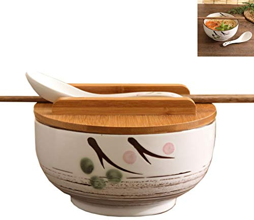 Meng Wei Shop Keramikschale Mit Deckel Ramenschale Nach Japanischer Art Chinesische Restaurantschüssel Suppenschüssel Große Reisschale Mit Löffel, Essstäbchen (Color : Weiß, Size : A)