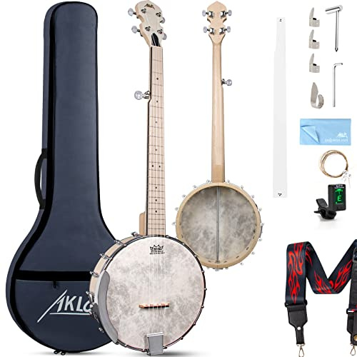 AKLOT 5 String Banjos Full Size Open Back Banjo Adjustable Maple Body Remo Head with 2 Tuning Wrench, 4 Picks, Strings, Tuner, Strap Ruler, Cleaning Cloth, Gig Bag for New Beginner Professional