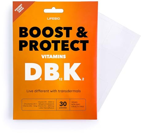 Lifebio Boost & Protect - Patchs Vitamines D3, B12, K2 à Haute Dose - Solidité Os, Immunité, Santé Cellulaire, Énergie - 30 Patchs